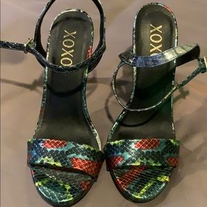 Rainbow snakeskin print heeled sandals